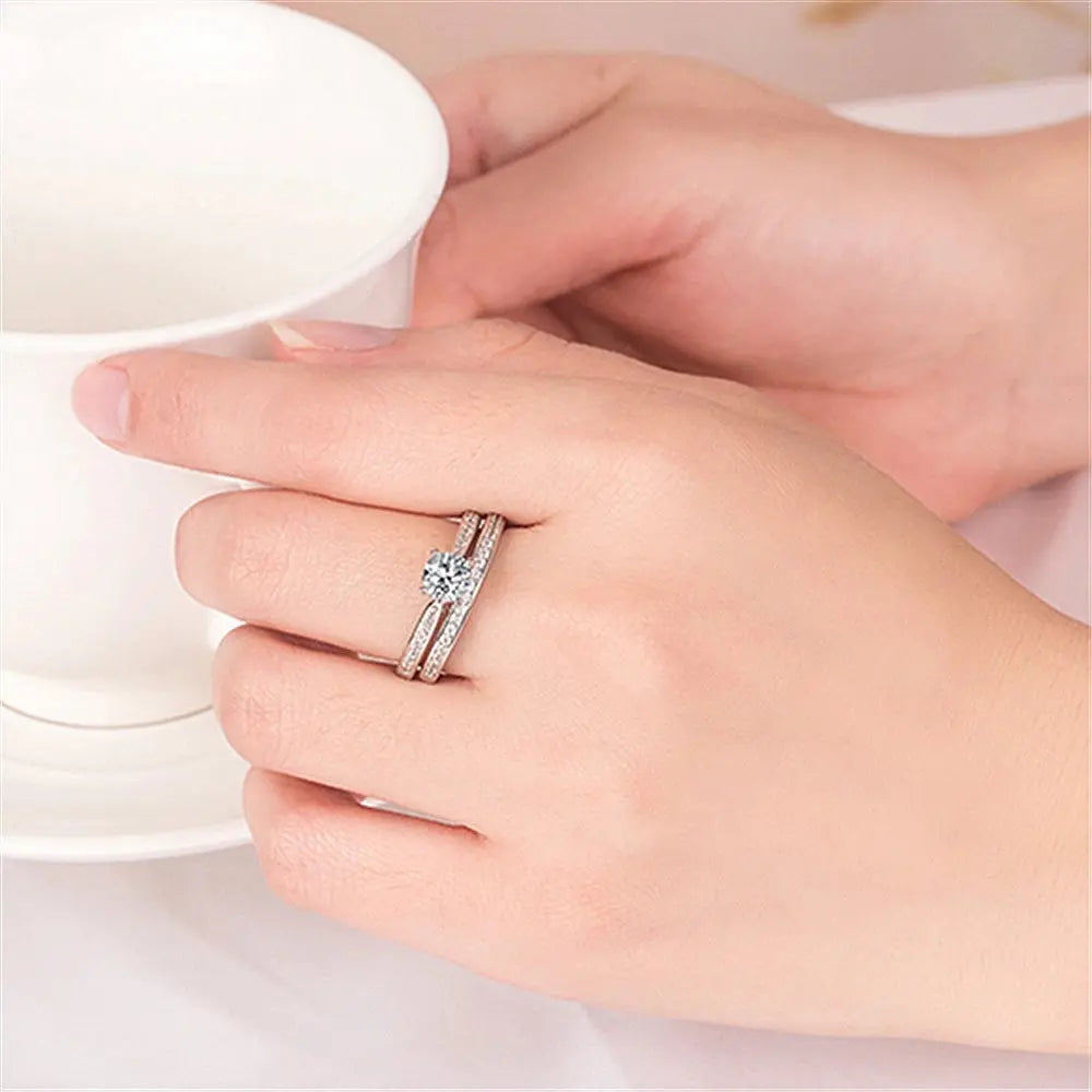 Apex 925 Sterling Silver Ring Inlaid With Crystal Zircon Fashionable Couple Double Layer Ring, Wedding Party Gift Jewelry Apex Collection
